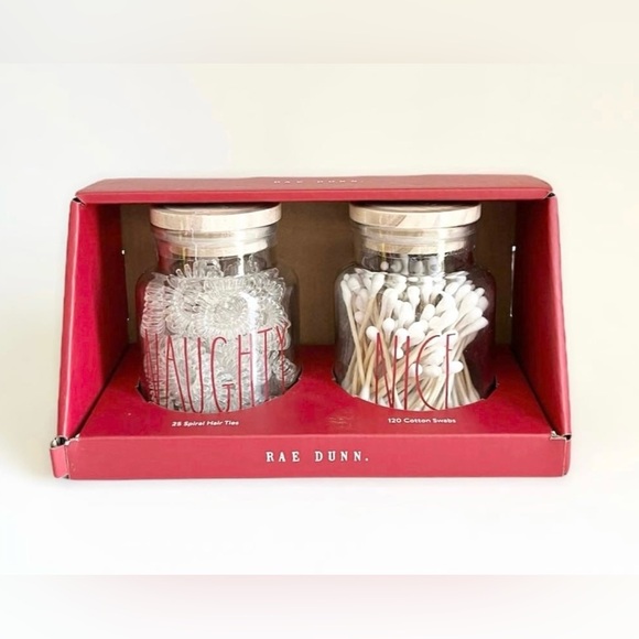 Rae Dunn Naughty and Nice Hair Ties and Cotton Swabs Christmas Glass Jar Set - Picture 1 of 6